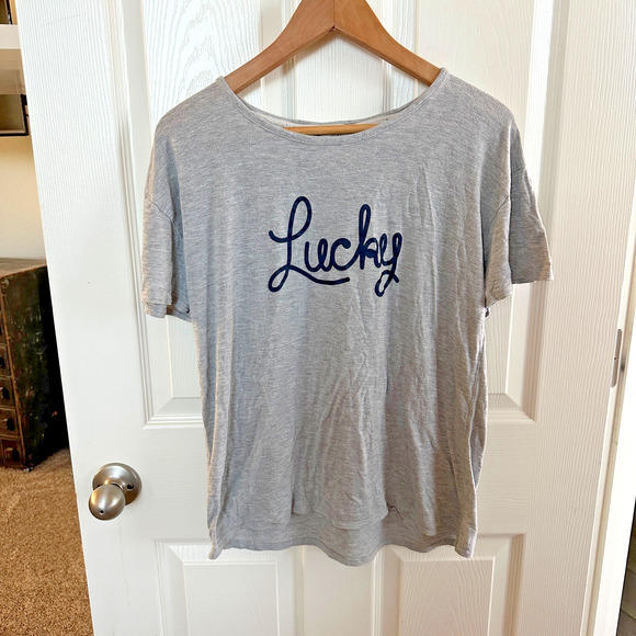 lucky brand women's medium gray short sleeve graphic tee soft rayon spandex top - Picture 1 of 4